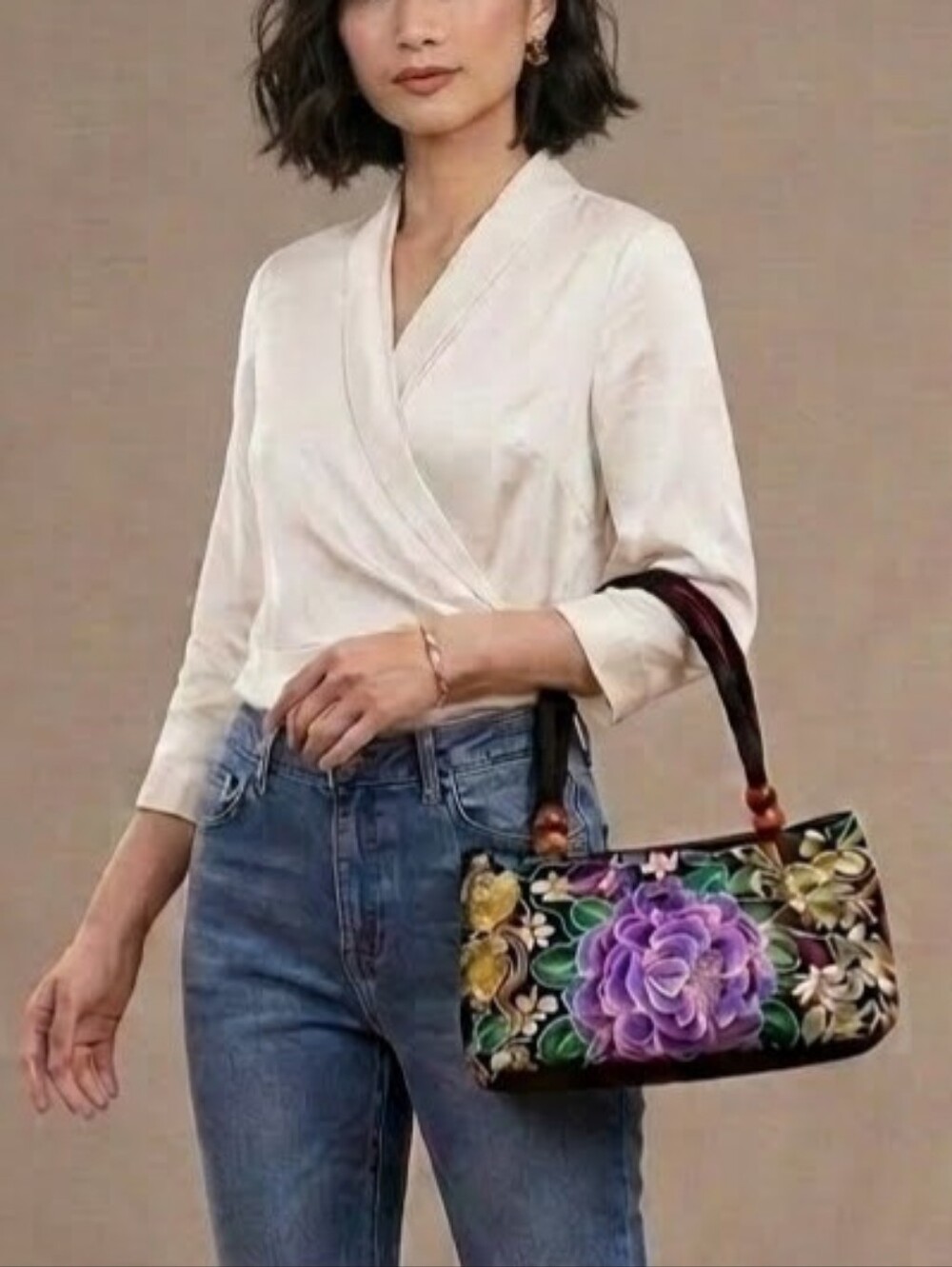 Embroidery Satchel Floral Rabbits Black Purple Canvas Tote Zip Top Handle Lined